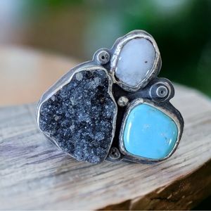 Large Sterling Silver, Turquoise, Quartz Druzy, & Enamel Statement Ring.